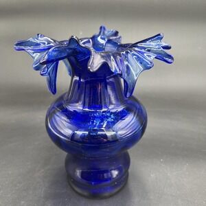 Vtg Cobalt Blue Ruffled Glass  Vase Bohemian